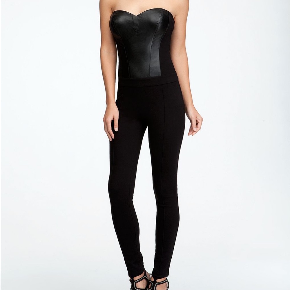 Bebe Black Leather Corset Jumpsuit, XXS.